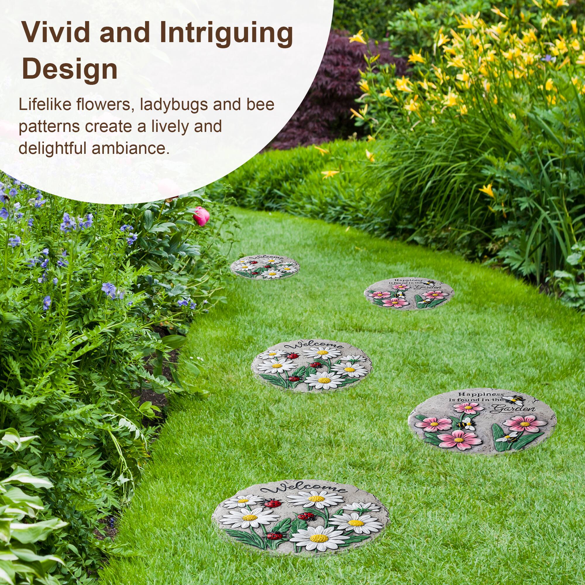 Glitzhome® 10" Set of 2 Cement Ladybug and Bee Flower Textured Stepping Stones